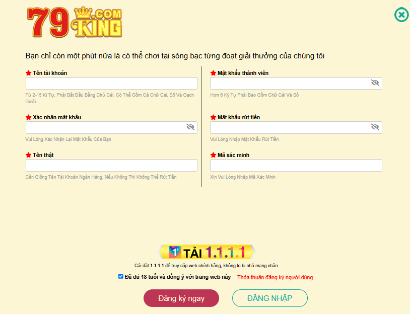 Cung cấp thông tin đăng ký 79King2 theo bảng mẫu
